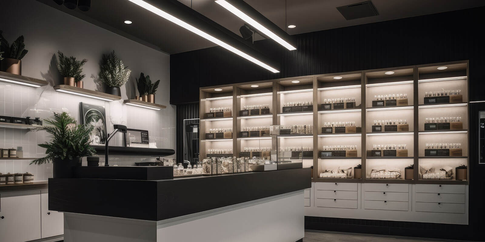 photoshoot of sleek and streamlined downtown boston dispensary with minimalistic design elements