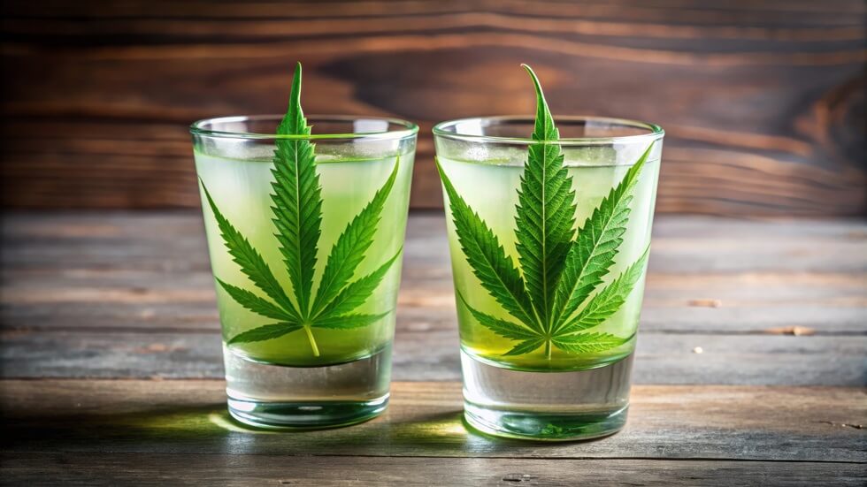 two glasses with marijuana leaf-topped drinks