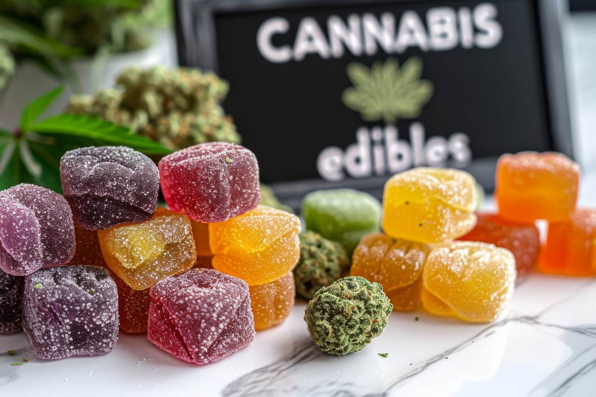 gummy cannabis edible with cannabis leaves and sign in background
