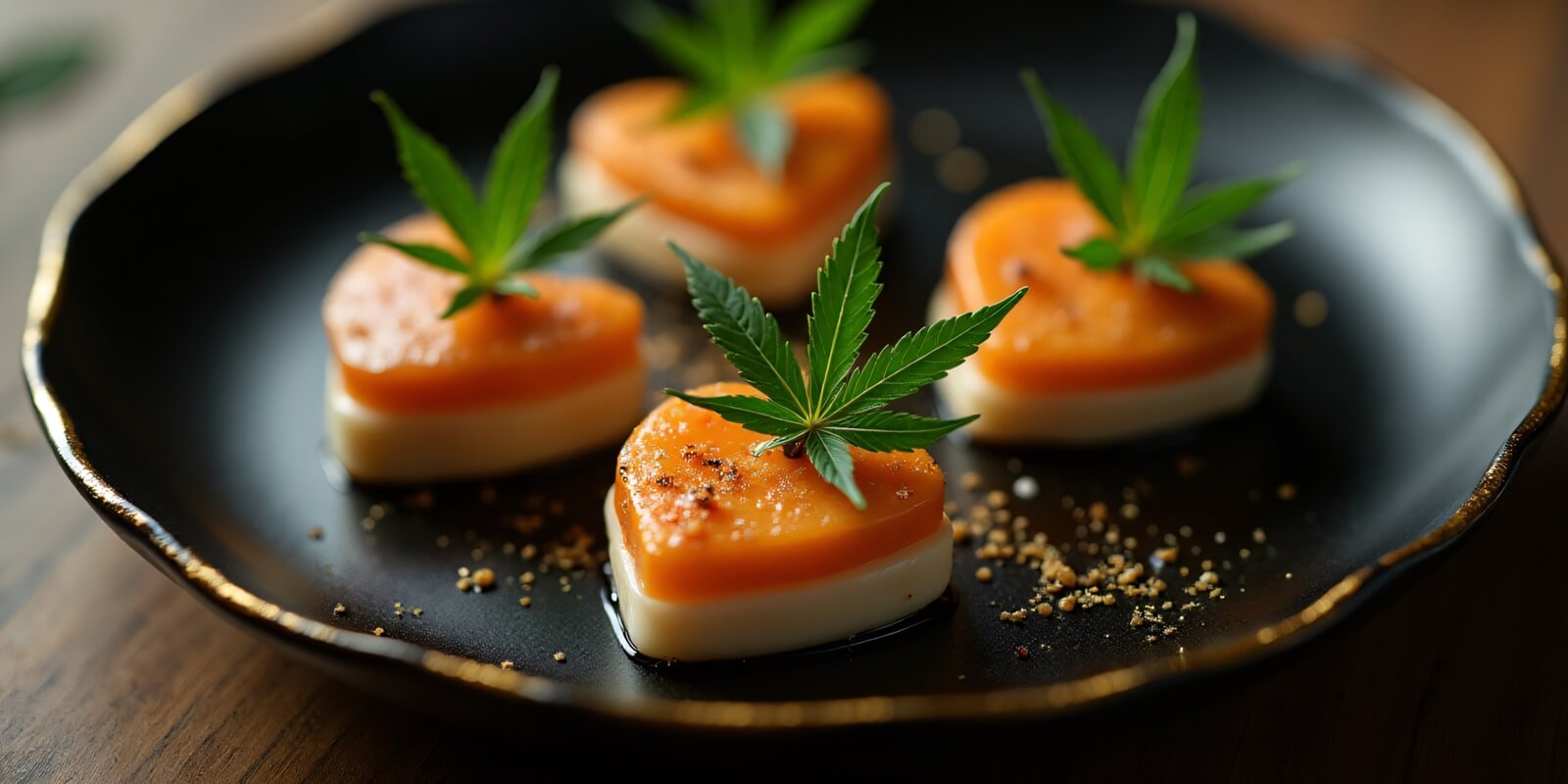 gourmet plate with heart-shaped weed edibles and cannabis garnishes from Boston dispensary