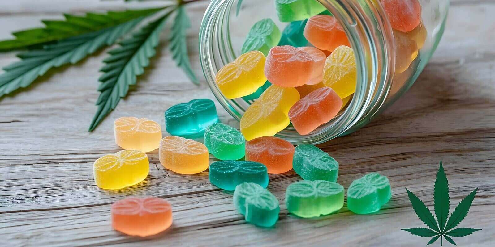 colorful gummy candies spilled from a jar, surrounded by cannabis leaves on a wooden