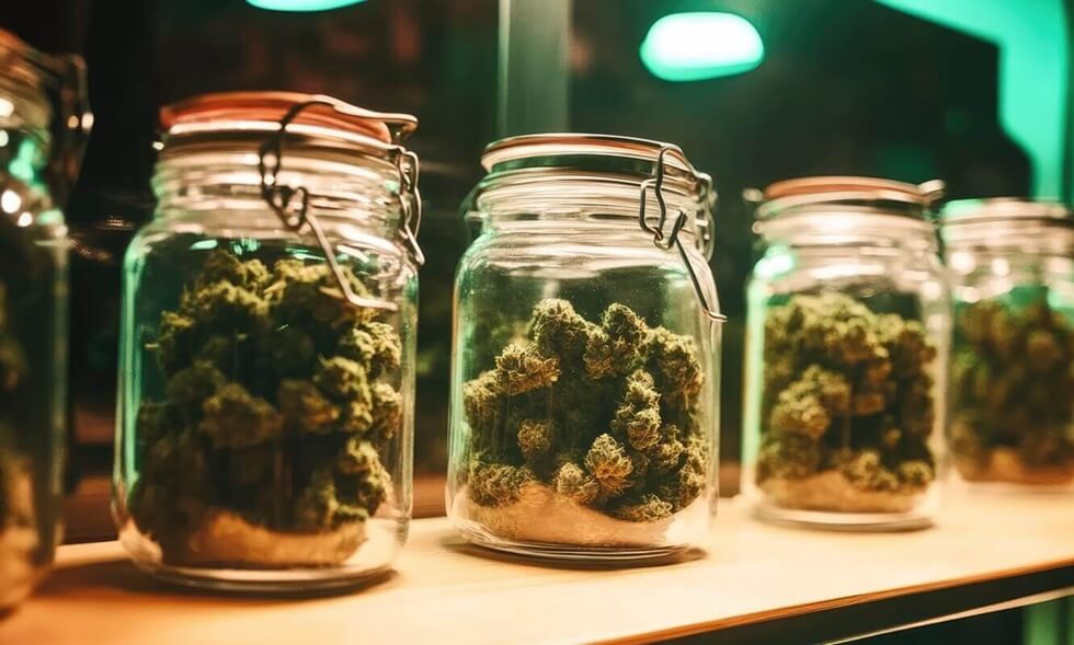 jars of cannabis buds on a a shelf in medical marijuana dispensary