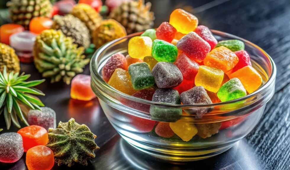 vibrant gummies and cannabis buds gleam