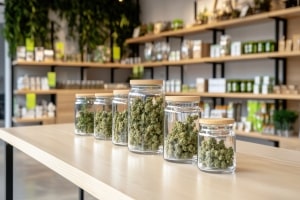 Cannabis Buds Displayed in Glass Jars in Dispensary