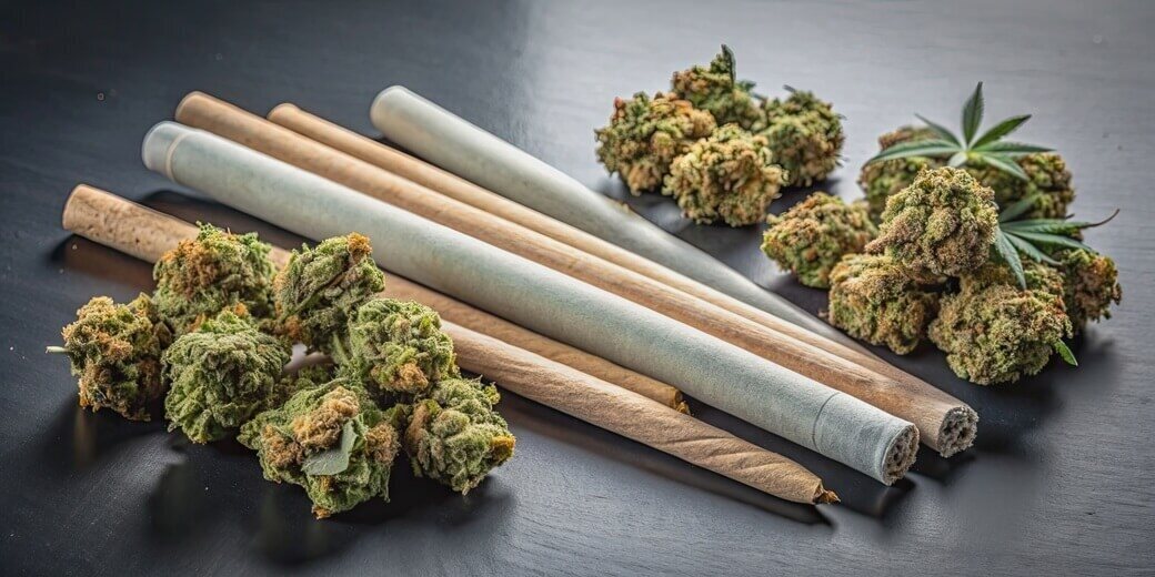 dried flower marijuana and Pre-Rolls Cannabis Joints on a black background from local downtown Boston dispensary