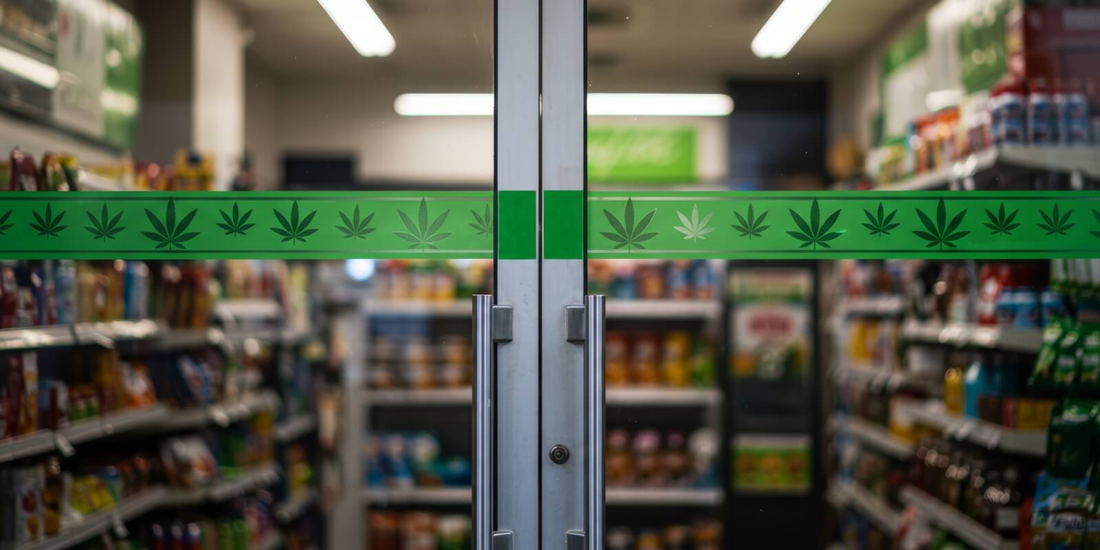 glass doors to Boston cannabis dispensary featuring leaf pattern decorations