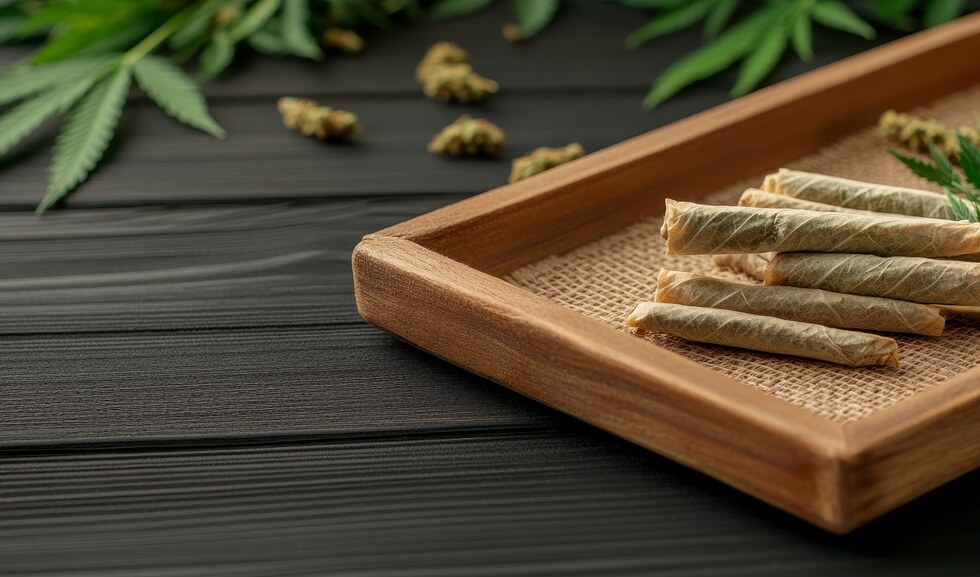 natural cannabis pre-rolls arranged neatly on a wooden tray