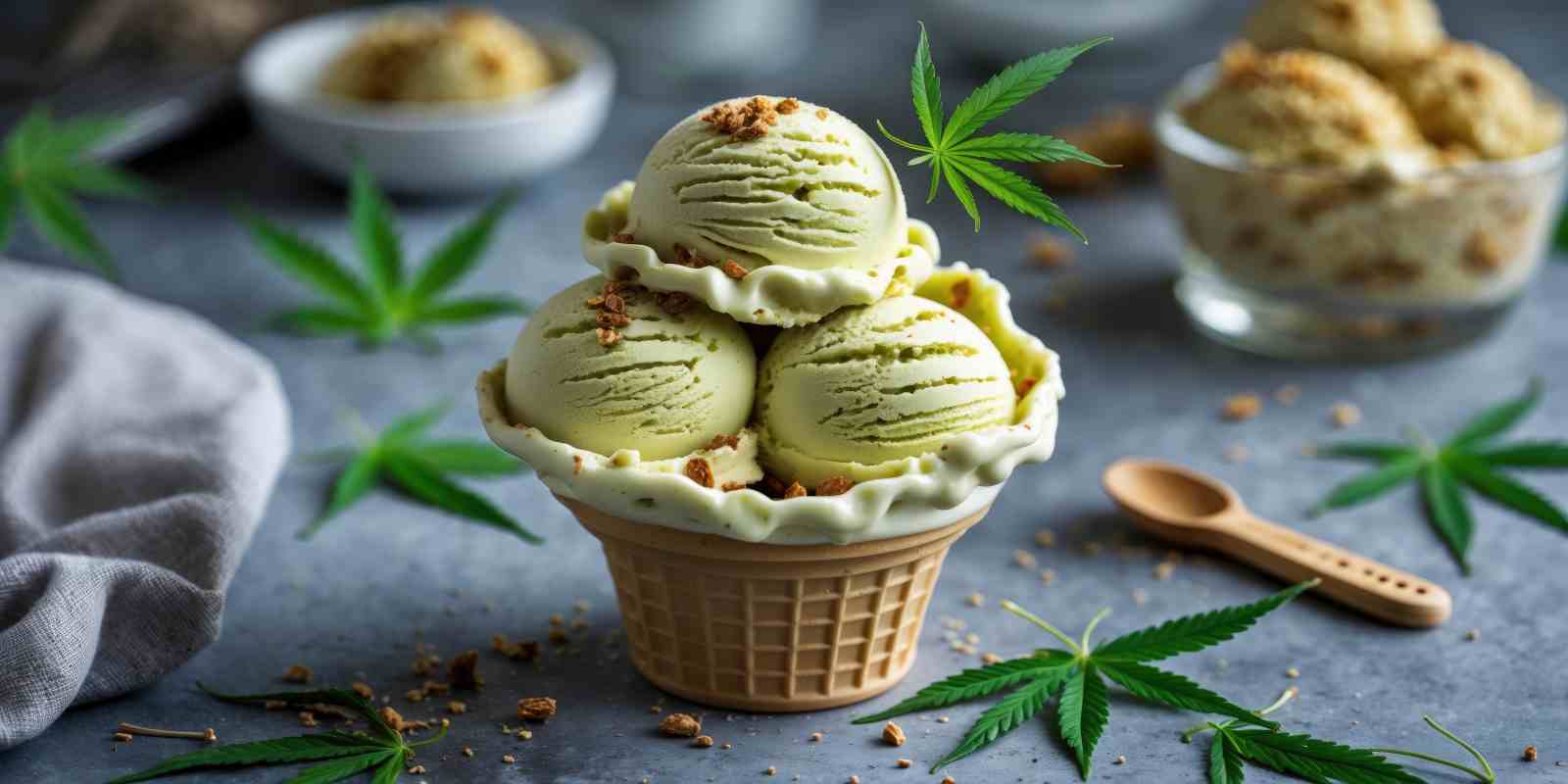 Three Scoops of Cannabis Ice Cream in A Cup Surrounded by Hemp Leaves from boston dispensary