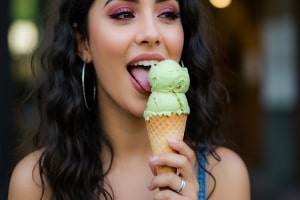 Young Woman Enjoying Cannabis Ice Cream Outdoors