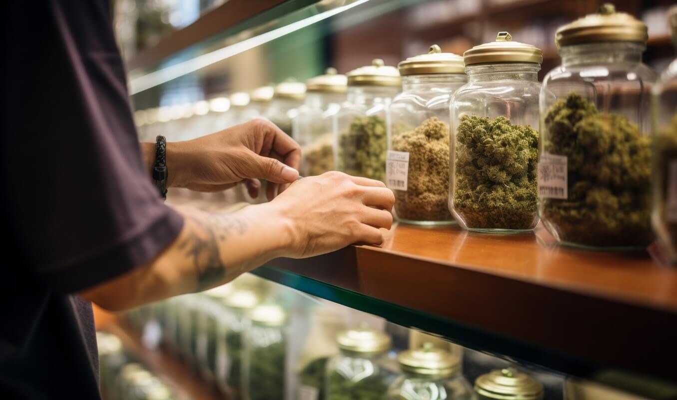 cannabis buds stored in glass jars, neatly arranged on a shelf