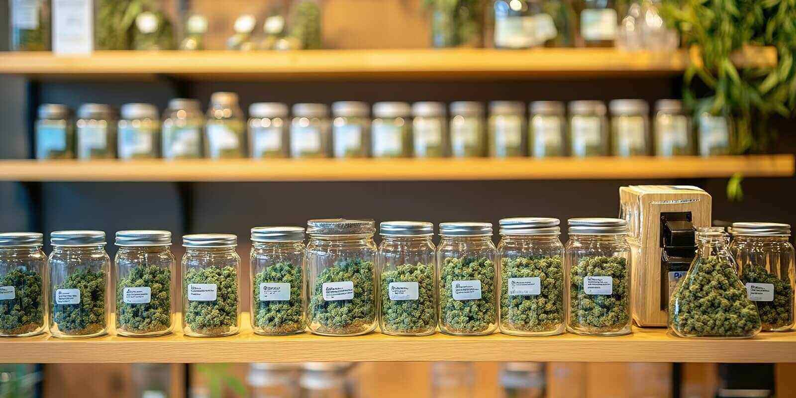 medical marijuana dispensary displaying various cannabis products in glass jars on wooden shelves downtown boston dispensary