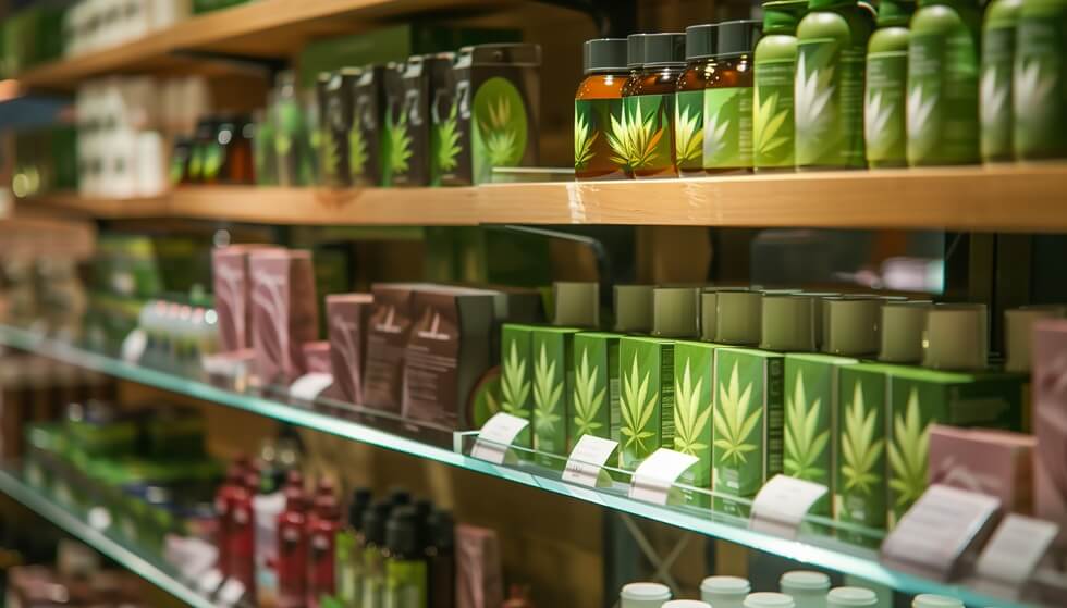 cannabis products with the characteristic branding of cannabis leaves on a shelf of dispensary, shop, pharmacy