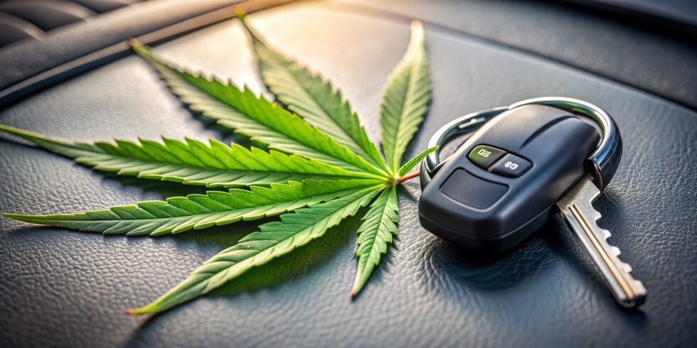 cannabis leaf rests on a car's console, surrounded by car keys