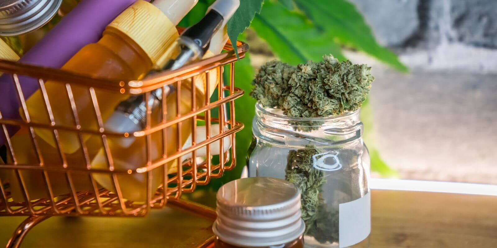 shopping cart with various medical cannabis products on table - dispensary downtown boston