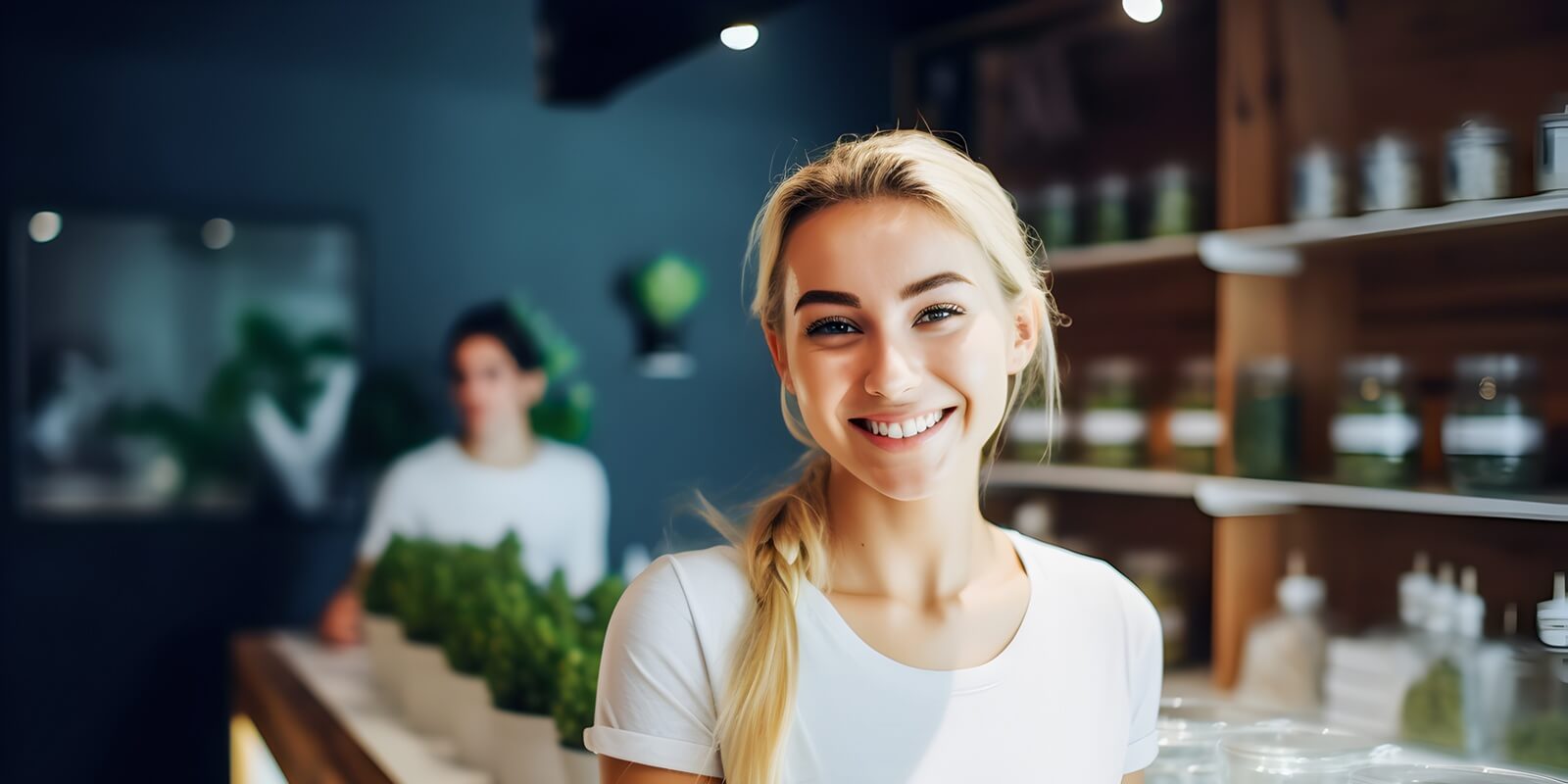 happy smiling blonde woman employee of marijuana dispensary